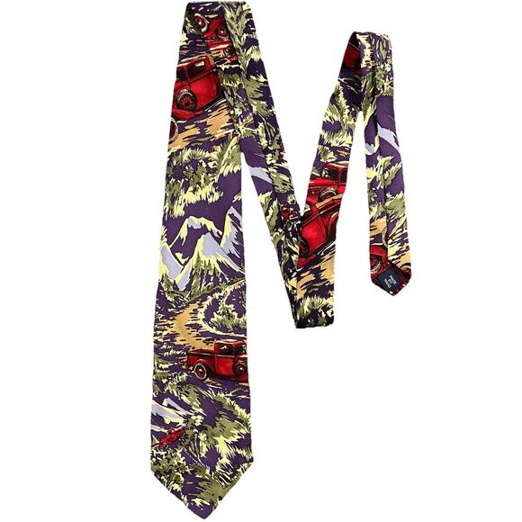 VTG Polo Ralph Lauren Tie Silk Repp Winter Red Pickup Truck Snowcapped Mountain - Picture 1 of 8